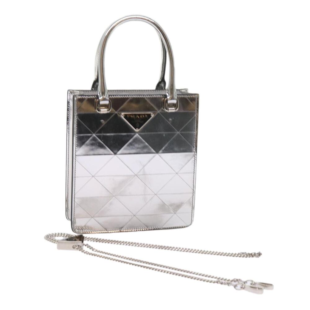 PRADA Hand Bag Metallic Leather Silver